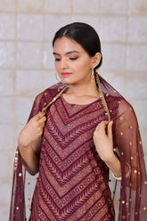 Women's Wine Crepe Glitter Print Sharara Set With Dupatta-AHKUDUSH-COMBO-369